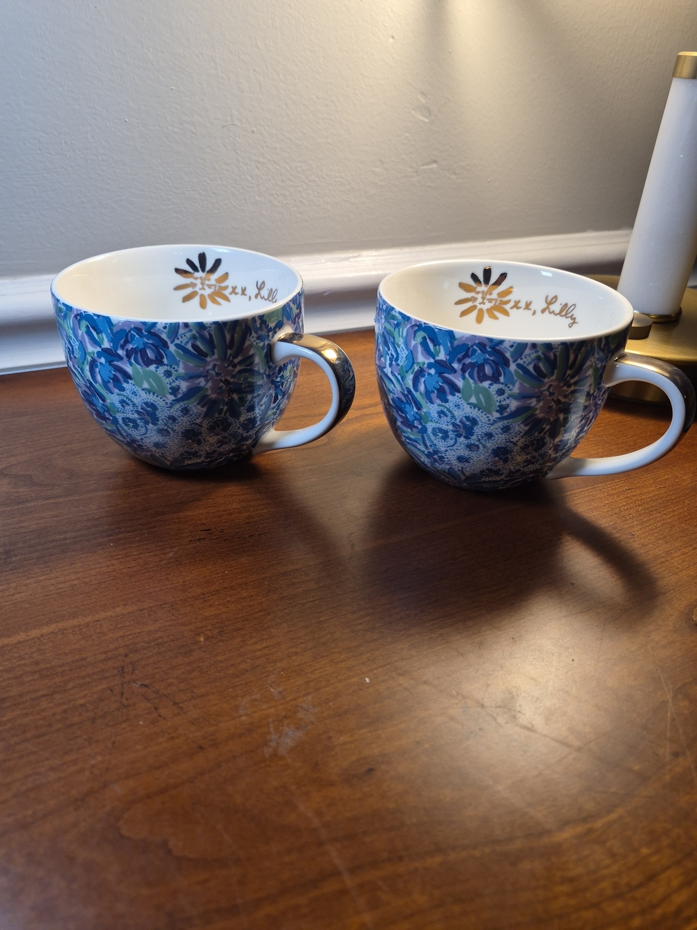 Lilly Pulitzer Blue Floral‎ Ceramic Mugs with Gold Accent - Set of 2